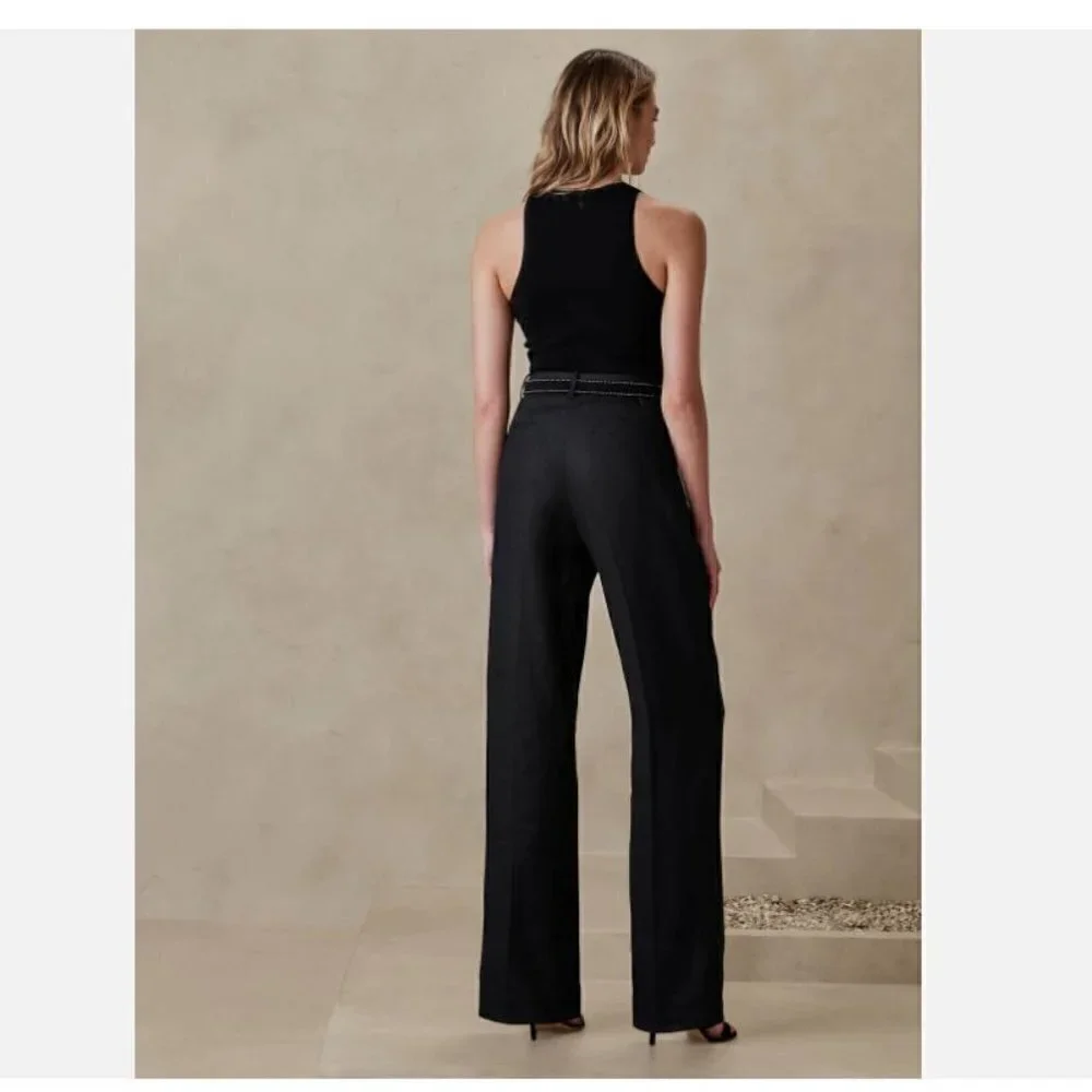 Banana Republic High-Rise Palma Straight 100% Linen Size 14 Black Pants RT$130